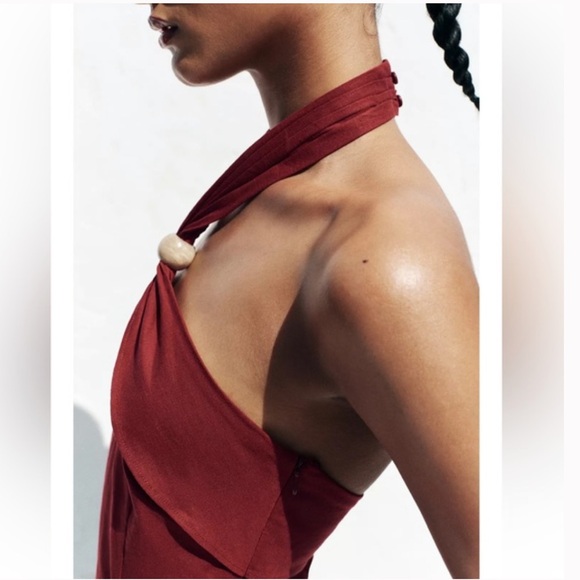 Zara NWT linen blend halter midi dress red 3379/723 - Picture 9 of 12